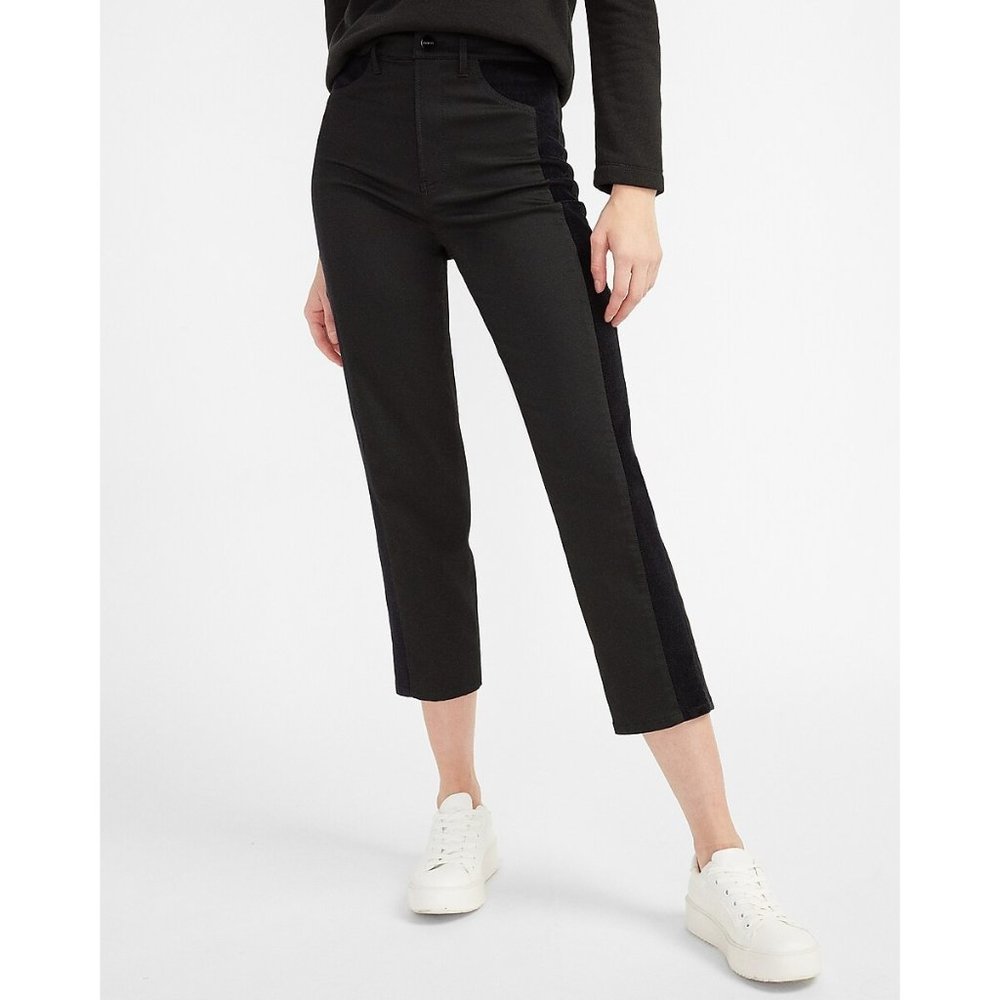 Express Super High Waisted Luxe Polished Black Velvet Pieced Straight Jeans 00